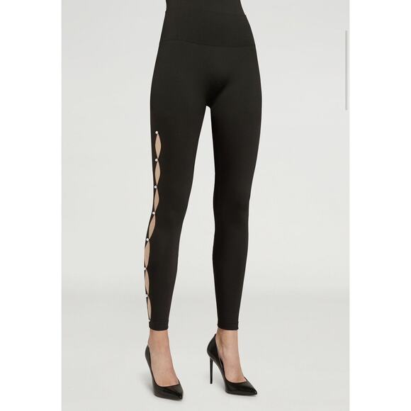 Wolford Sexy Black Linda Leggings Open Side Slit Tan & Pearl Embellishment Small - Picture 2 of 12